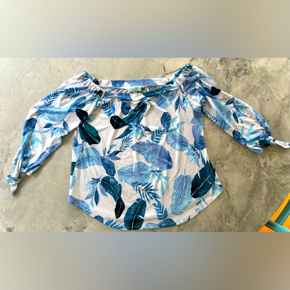 Blue and white off the shoulder shirt.